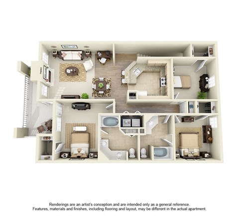 Floor plan for 3 beds, 2 baths, 1361 sqft